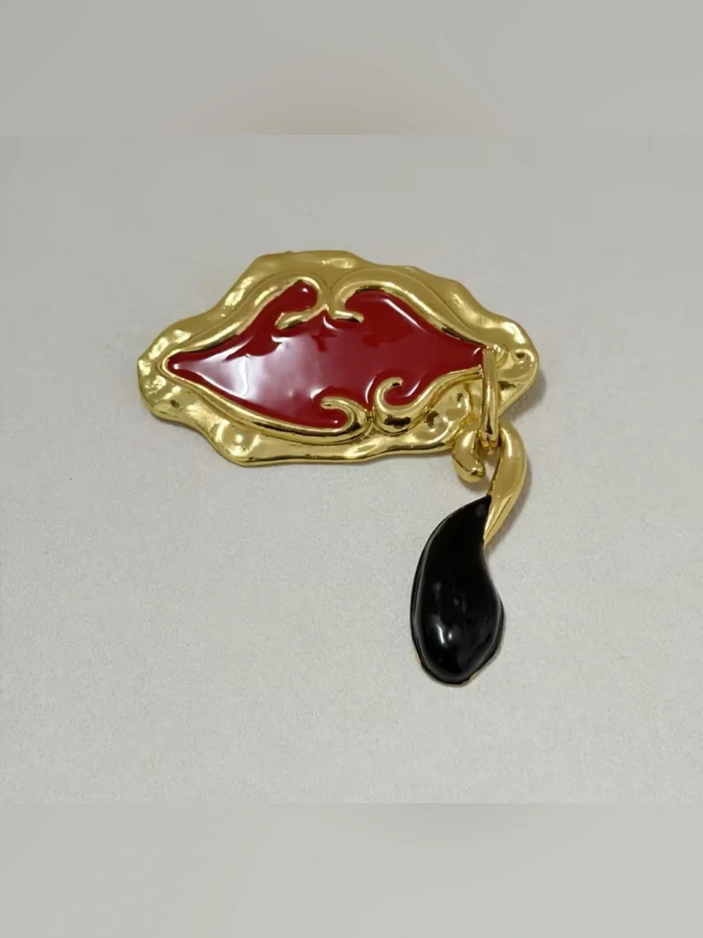 Schiaparelli Inspired Gold-Tone Red Lip & Black Teardrop Statement Brooch